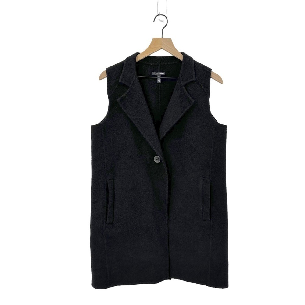 Eileen Fisher Black Long Sleeveless Notch-Lapel Vest